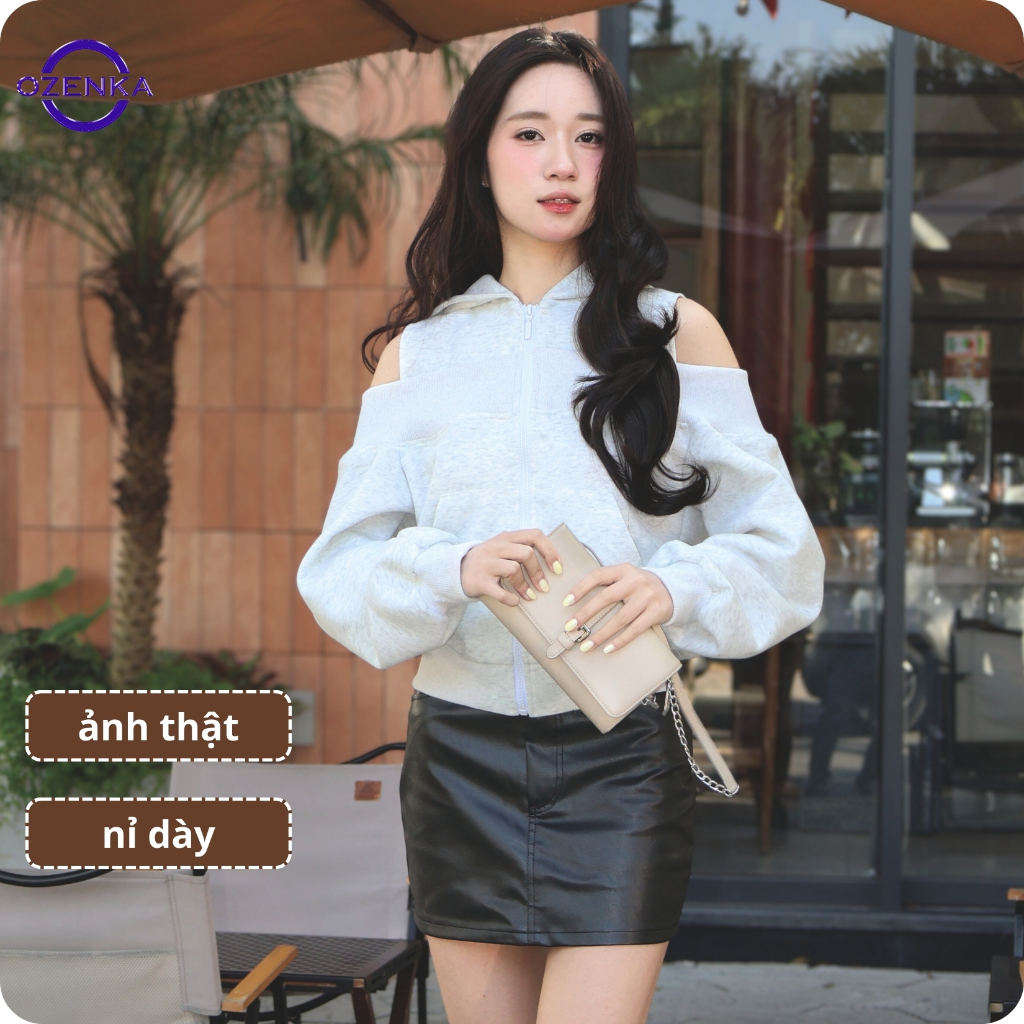 Áo khoác nỉ hoodie zip nữ ozenka cut out hở vai - áo khoác mùa đông có mũ nỉ 2 da dày dặn style ulzz