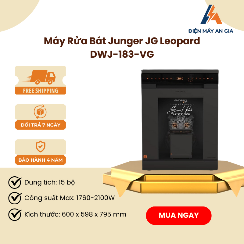 Máy Rửa Bát Junger Leopard DWJ-183-VG – 15 Bộ – 7 Chương Trình Rửa – 9 Tính Năng Phụ Trợ – PEB