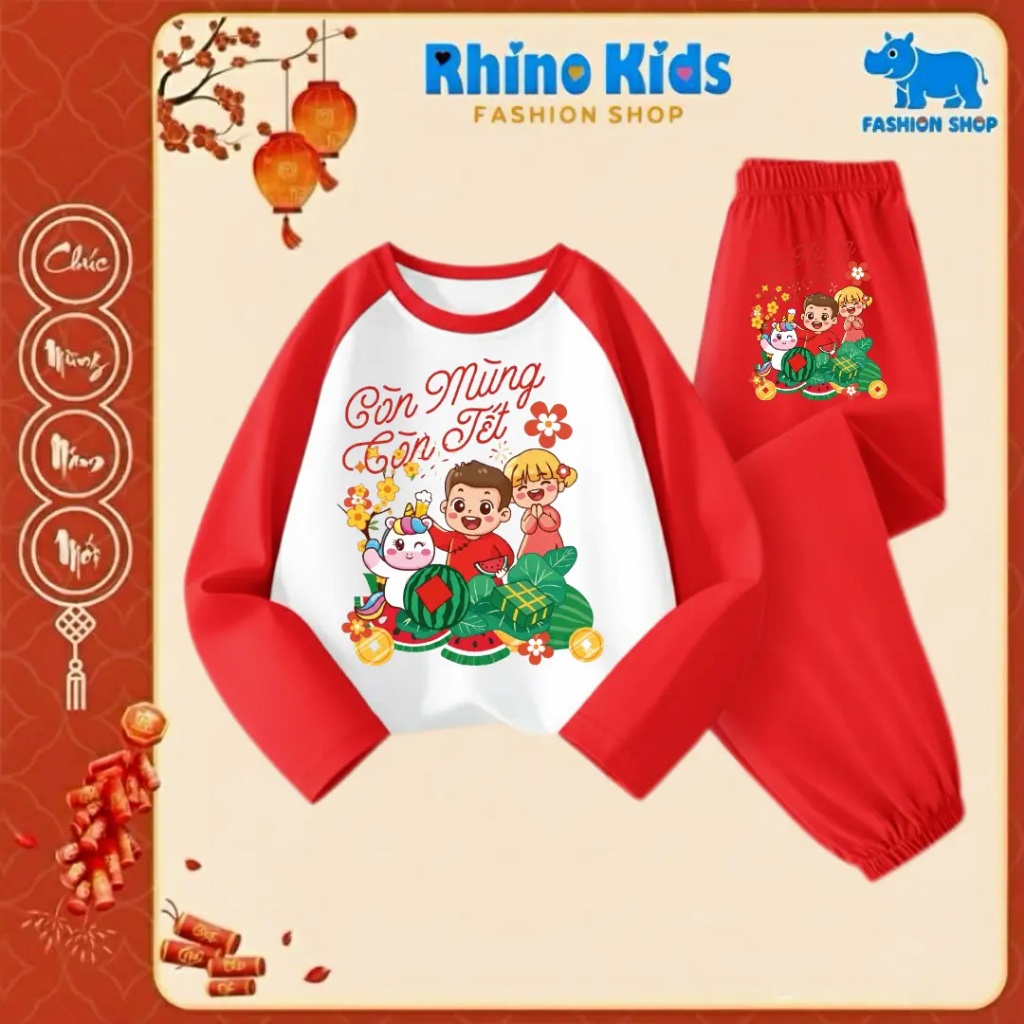 DT306 - Bộ quần cotton Chúc Mừng Năm Mới 2026 cho bé trai bé gái RHINO KIDS, mềm mịn, thoải mái