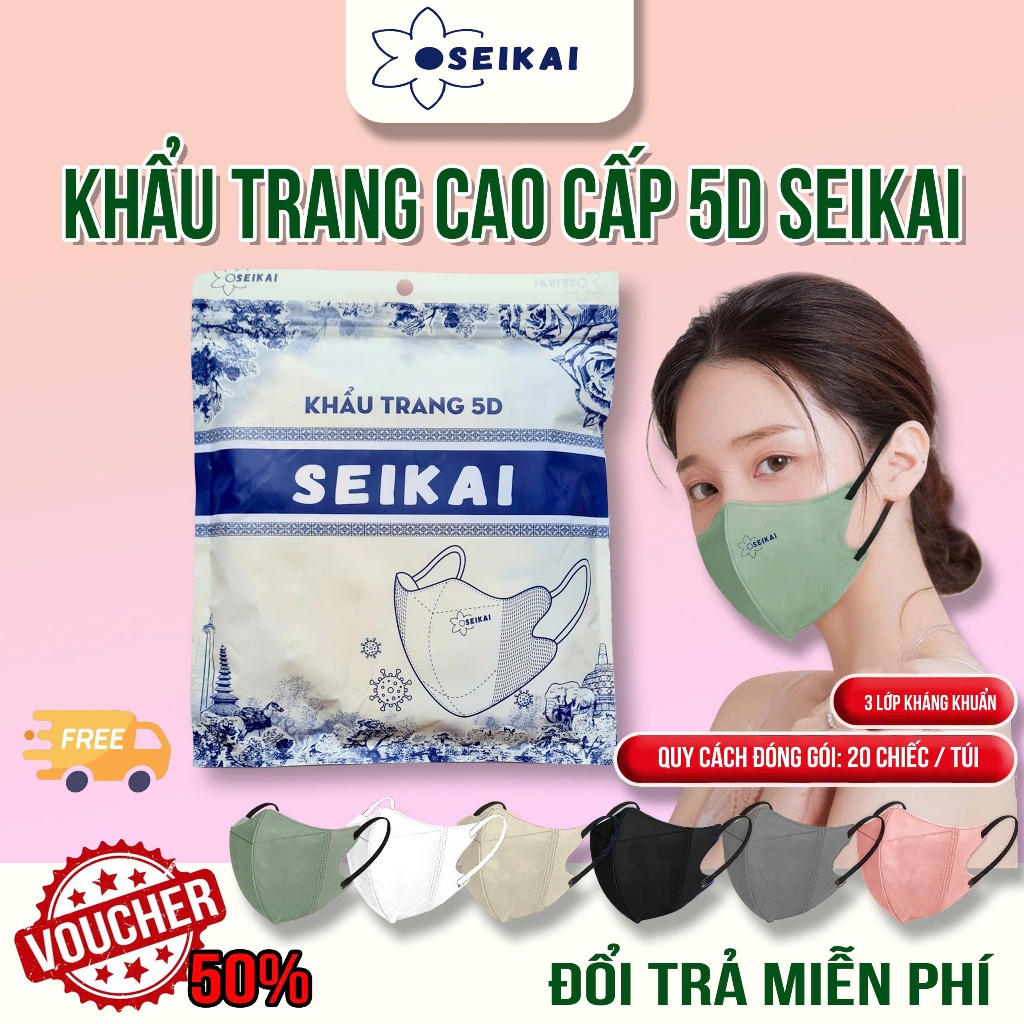 300 cái Khẩu Trang 5D SEIKAI , Hàng Loại 1 - Khẩu Trang 5D Ôm Sát Mặt Dành Cho Người Lớn Ngăn Ngừa B