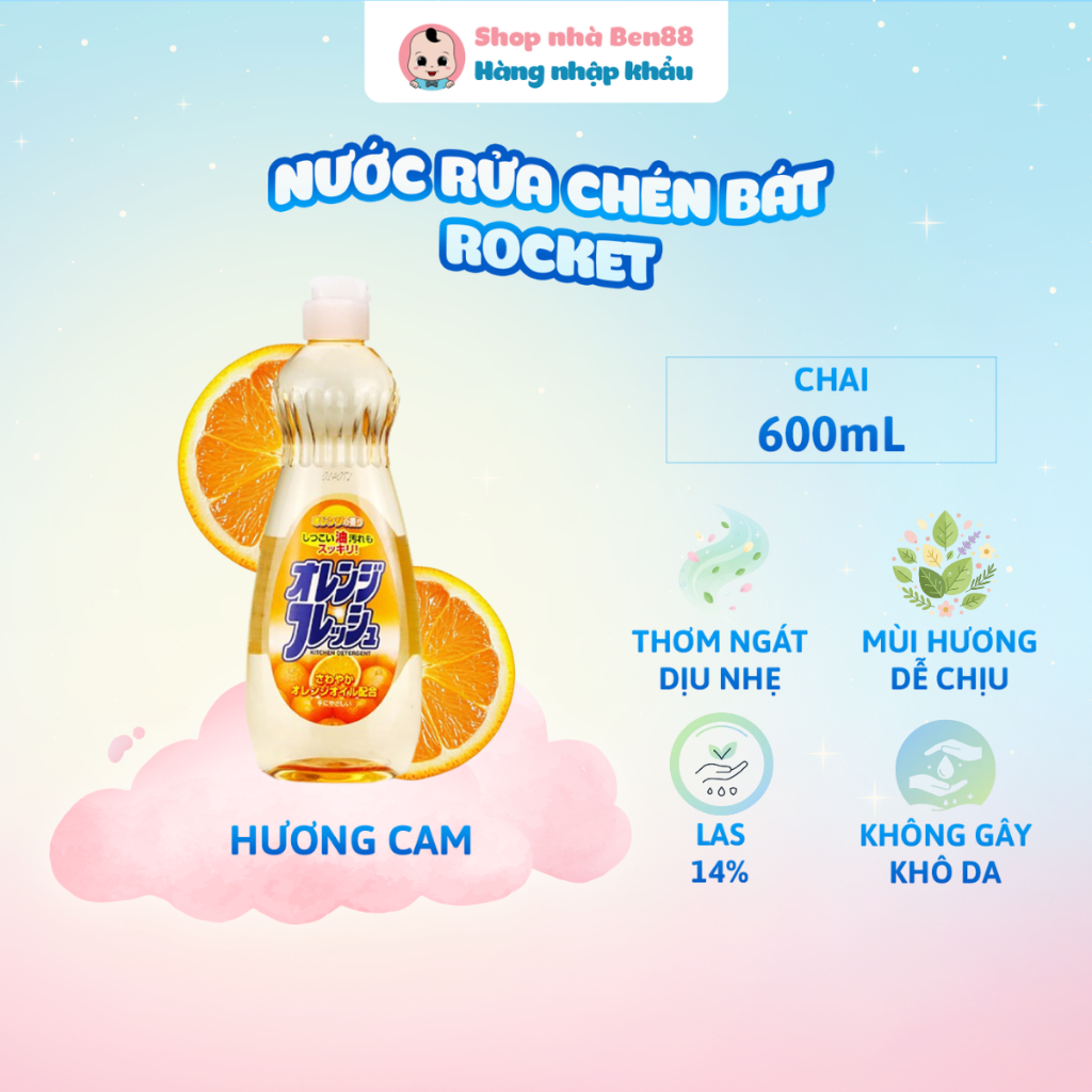 Nước Rửa Chén Rocket Nhật Bản 600ml – Hương Cam – Sạch Dầu Mỡ, Thơm Dịu Nhẹ