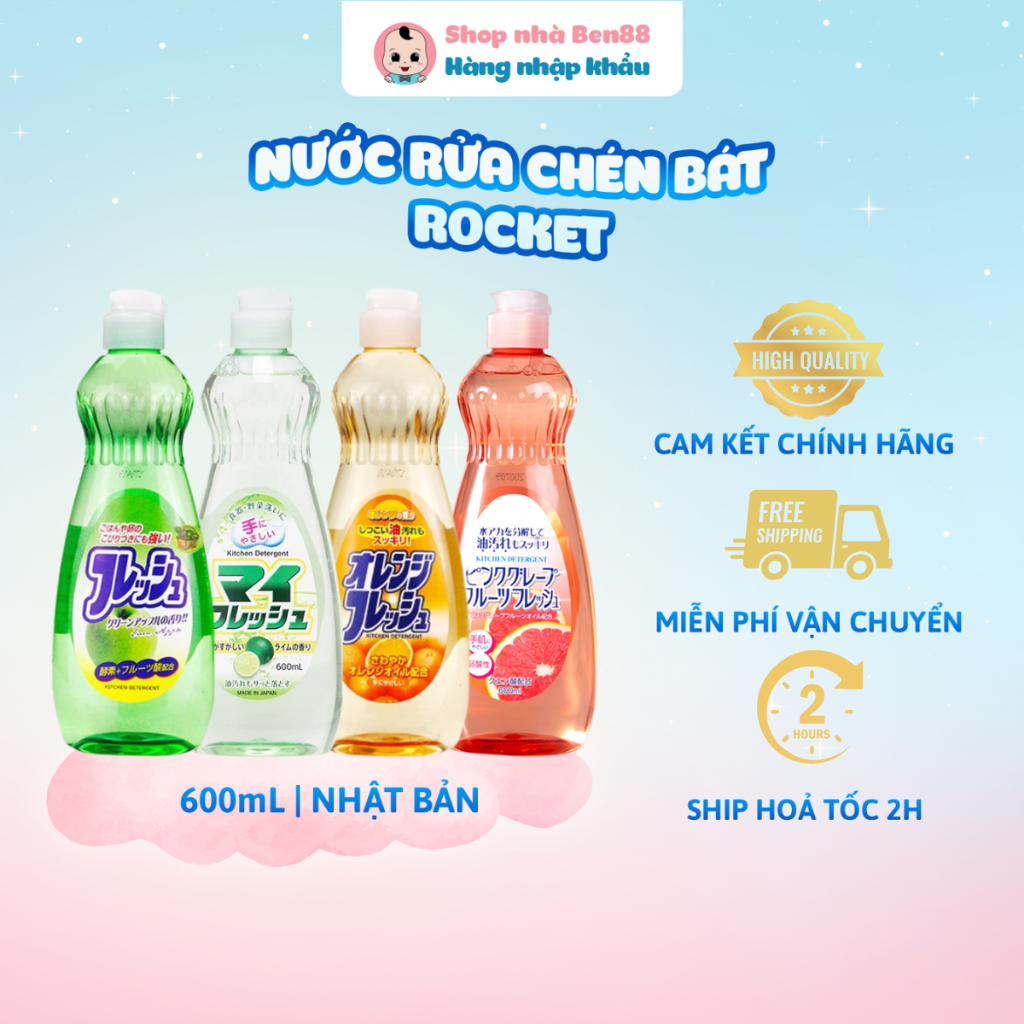 Nước Rửa Chén Rocket Nhật Bản 600ml – Bưởi/ Táo/ Chanh/ Cam – Sạch Dầu Mỡ, Thơm Dịu Nhẹ