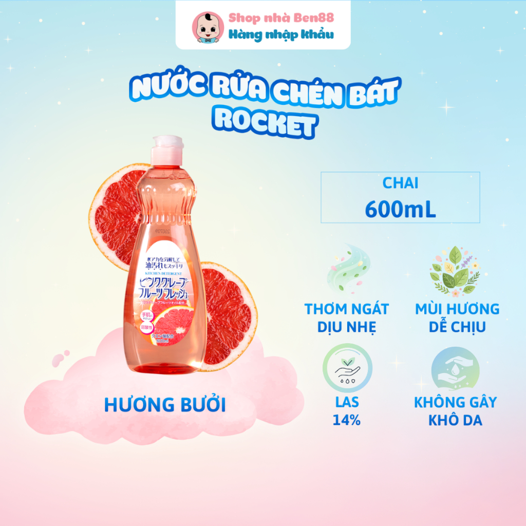 Nước Rửa Chén Rocket Nhật Bản 600ml – Hương Bưởi– Sạch Dầu Mỡ, Thơm Dịu Nhẹ