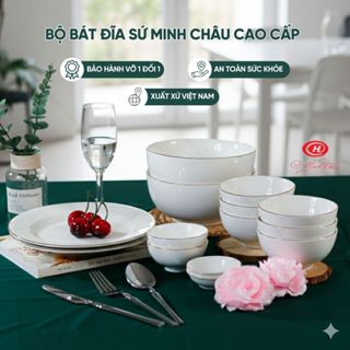  Bộ Bát Chén Ăn Cơm Sứ Cao Cấp Minh Châu - Trắng trơn và kẻ viền Vàng - 11,5cm - C06 