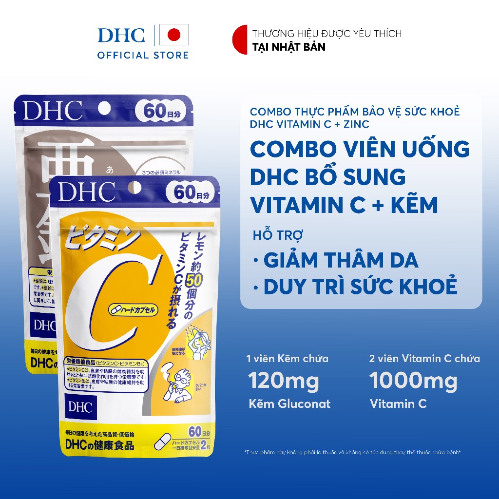 [Live] Combo Viên uống DHC Vitamin C + Kẽm (60 ngày) - TPBVSK DHC Vitamin C + Zinc