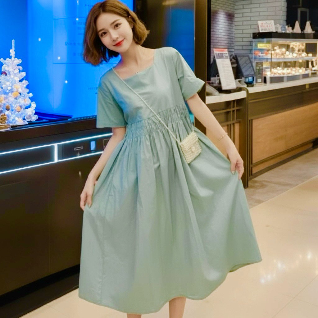 Đầm babydoll suông mint nơ sau, bầu mặc đẹp (kèm hình thật)