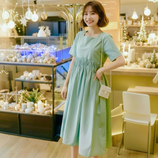 Đầm babydoll suông mint nơ sau, bầu mặc đẹp (kèm hình thật)