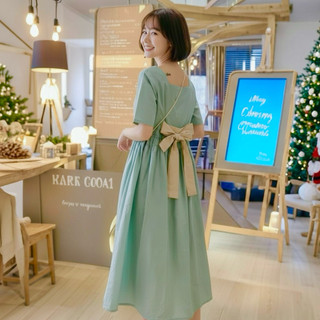 Đầm babydoll suông mint nơ sau, bầu mặc đẹp (kèm hình thật)
