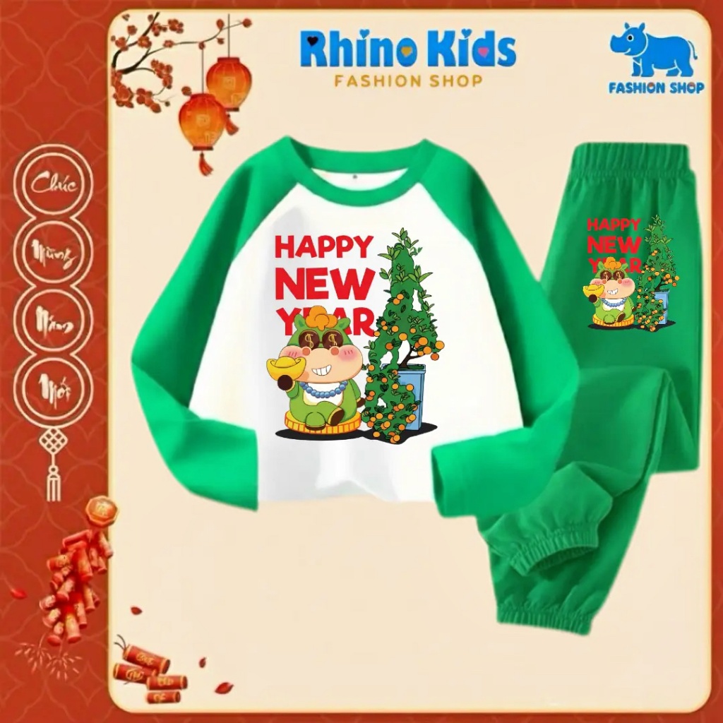 DT307 - Bộ quần áo cotton Happy New Year 2026 cho bé trai bé gái RHINO KIDS, mềm mại, thoải mái.
