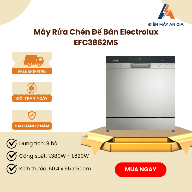 Máy Rửa Chén Mini Electrolux EFC3862MS – Dung Tích 8 Bộ – Diệt Khuẩn Bằng Hơi Nước – PEB