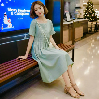 Đầm babydoll suông mint nơ sau, bầu mặc đẹp (kèm hình thật)