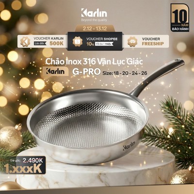 Chảo Inox 316 Vân Lục Giác_Karlin G20-24-26 PRO_Đáy 4 Lớp_Chống Dính Tự Thân_Tặng Nắp Kính
