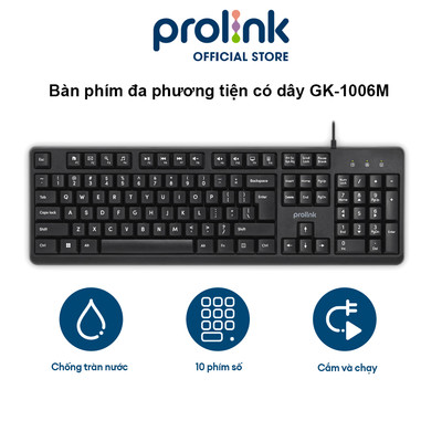 Bàn phím máy tính có dây PROLiNK PKCS1008 Fullsize , chống thấm, độ nhạy cao dành cho PC, Laptop
