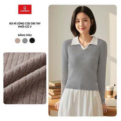 Áo nỉ nữ YOUNGER BY CARDINA chất liệu nỉ lông cừu phối cổ V dài tay 5ANF01