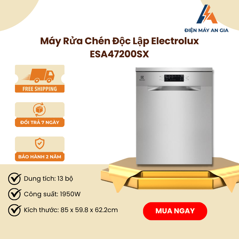 Máy Rửa Chén Độc Lập Electrolux ESA47200SX – Dung Tích 13 Bộ – Công Nghệ Sấy AirDry Tự Động – PEB