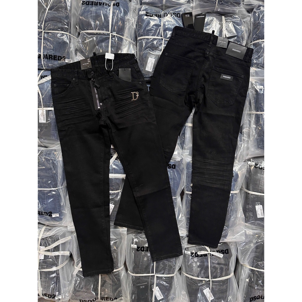 Quần jean nam DSQ đen trơn khoá lệch fom biker logo D2 hàng Quảng Châu