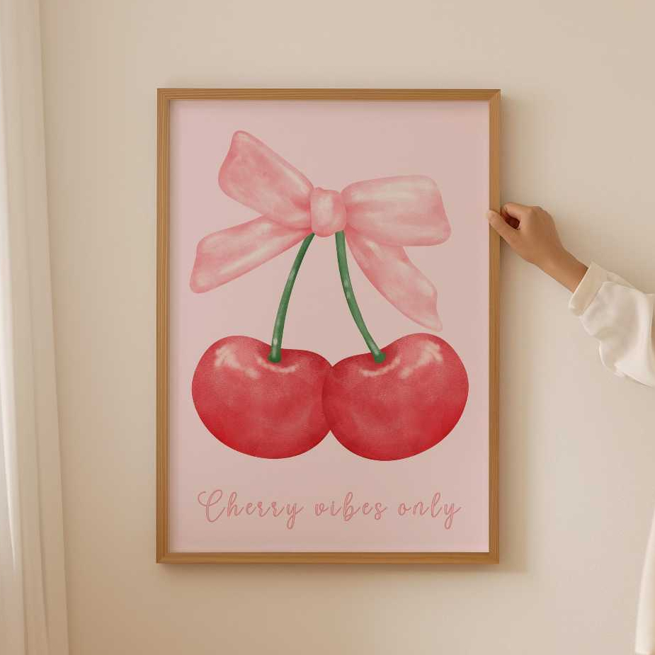 Tranh treo tường, Cherry Bow Poster- Cute pink Print for Coquette room decor, Trendy dopamine Wall A