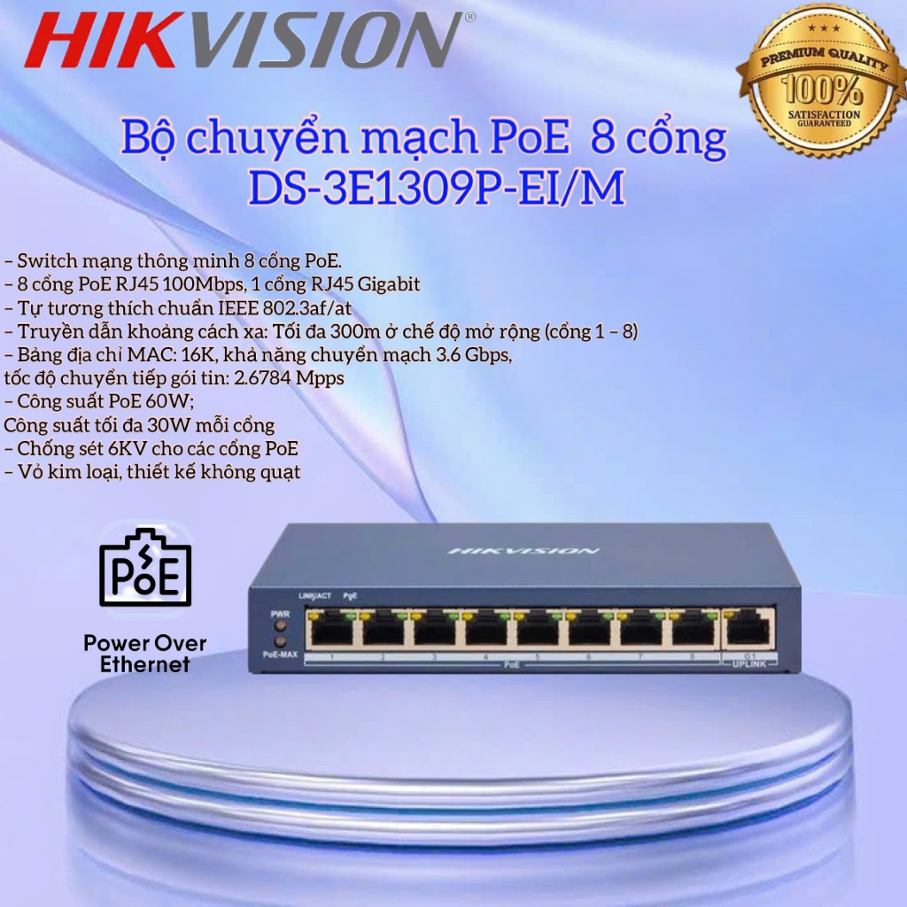 Bộ chuyển mạch PoE thông minh 8 cổng FE HIKVISION DS-3E1309P-EI/M, Bảo Hành 24TH