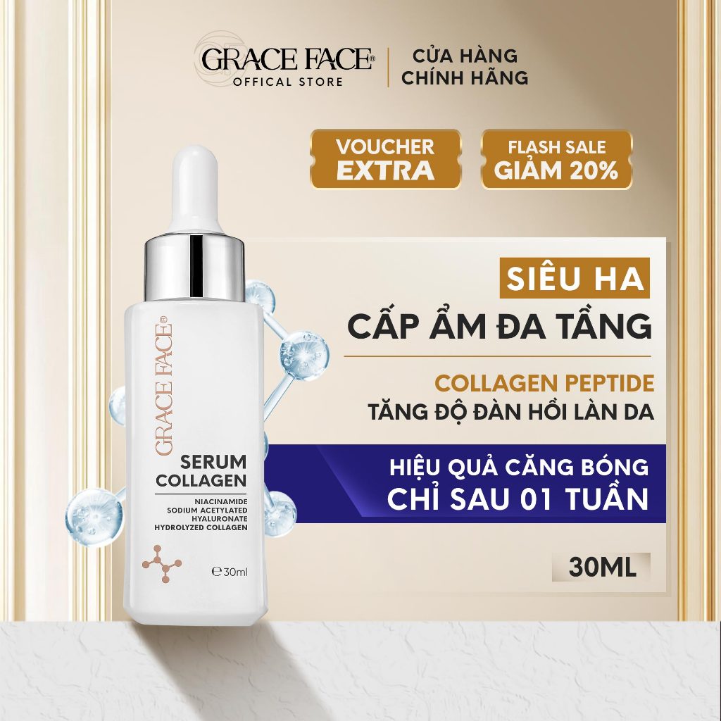 (Bản nâng cấp) Serum siêu HA + Collagen thủy phân căng bóng dưỡng trắng chống nhăn Grace Face 30ml