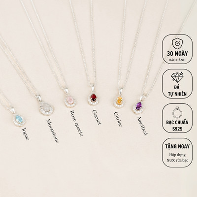 Dây Chuyền Bạc 925, Mặt Giọt Nước Viền Đá Nhẹ Màu Tự Nhiên, Thiết Kế Thanh Lịch D02