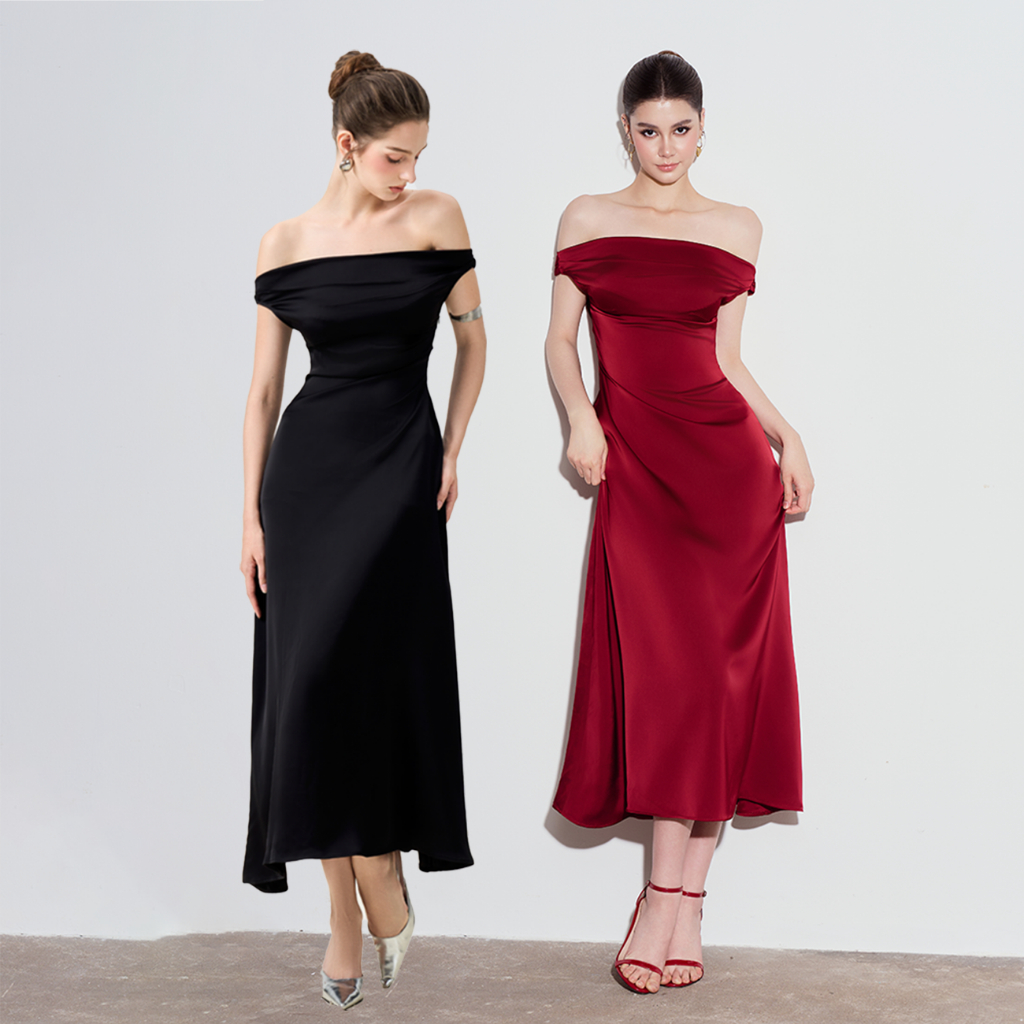 RECHIC Đầm trễ vai Harley chiết eo dáng xòe nhẹ sang trọng