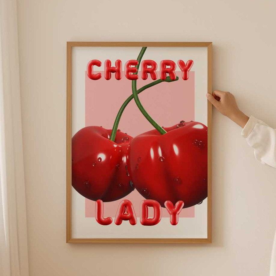 Tranh treo tường, Cherry Lady Print, Aesthetic Wall Art for Coquette Room Decor, Cute and Girly Dopa
