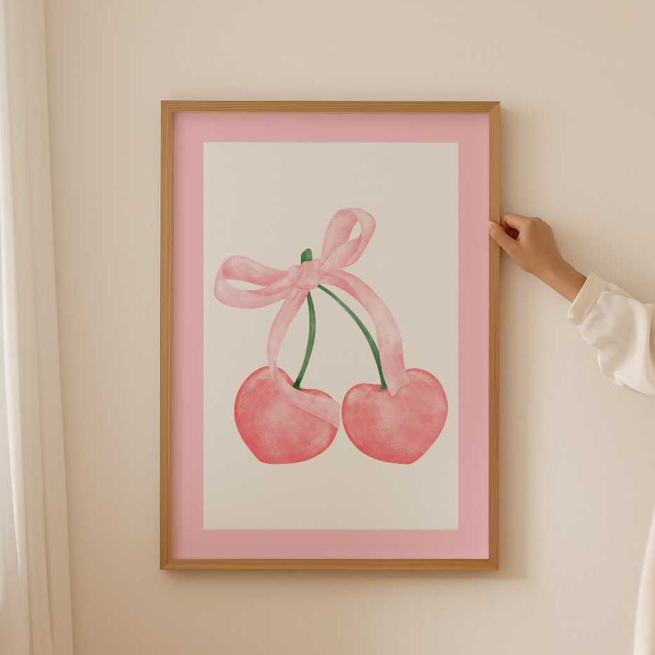 Tranh treo tường, Cherry Poster- Cute Bow Print for Aesthetic Coquette room decor, Pink Trendy Wall 