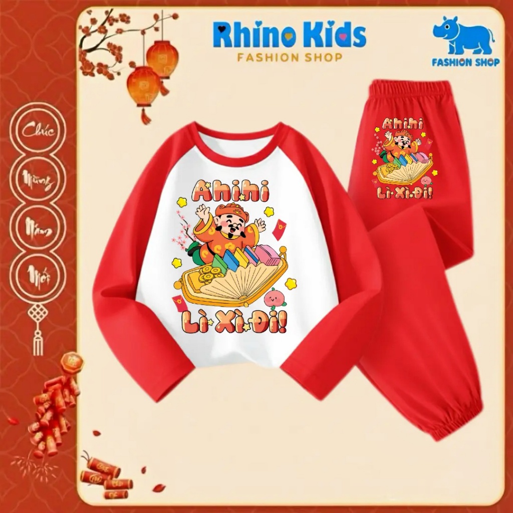 DT309 - Bộ quần cotton Chúc Mừng Năm Mới 2026 cho bé trai bé gái RHINO KIDS, mềm mịn, thoải mái