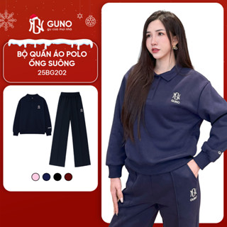  Bộ Quần Áo Nỉ Nữ GUNO Cao Cấp Cổ Polo Kèm Quần Suông Hack Dáng Logo Thêu Thời Trang SP5 25BG202 