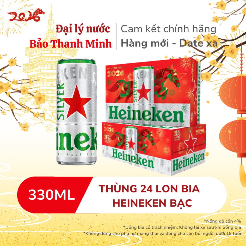 [MẪU XUÂN 2026] [HOẢ TỐC] Bia HEINEKEN Bạc 330ml - Nồng độ cồn 4% (Thùnd 24 lon) (Date xa)