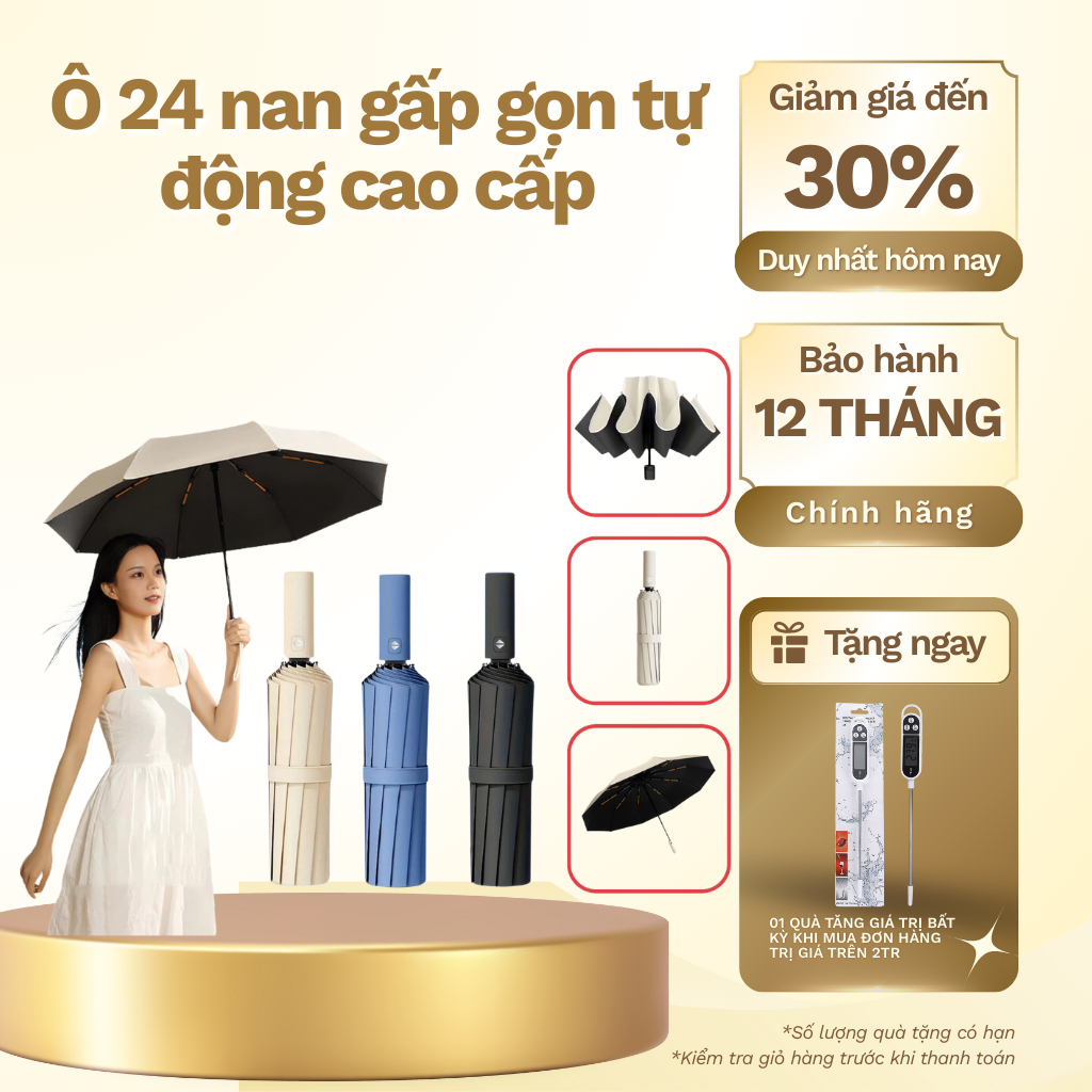 Ô 24 nan gấp gọn Tự Động, 12 Nan Kép Chống Thấm Nước Chống Lật Gió, Cản 99% UV - BH 12 Tháng