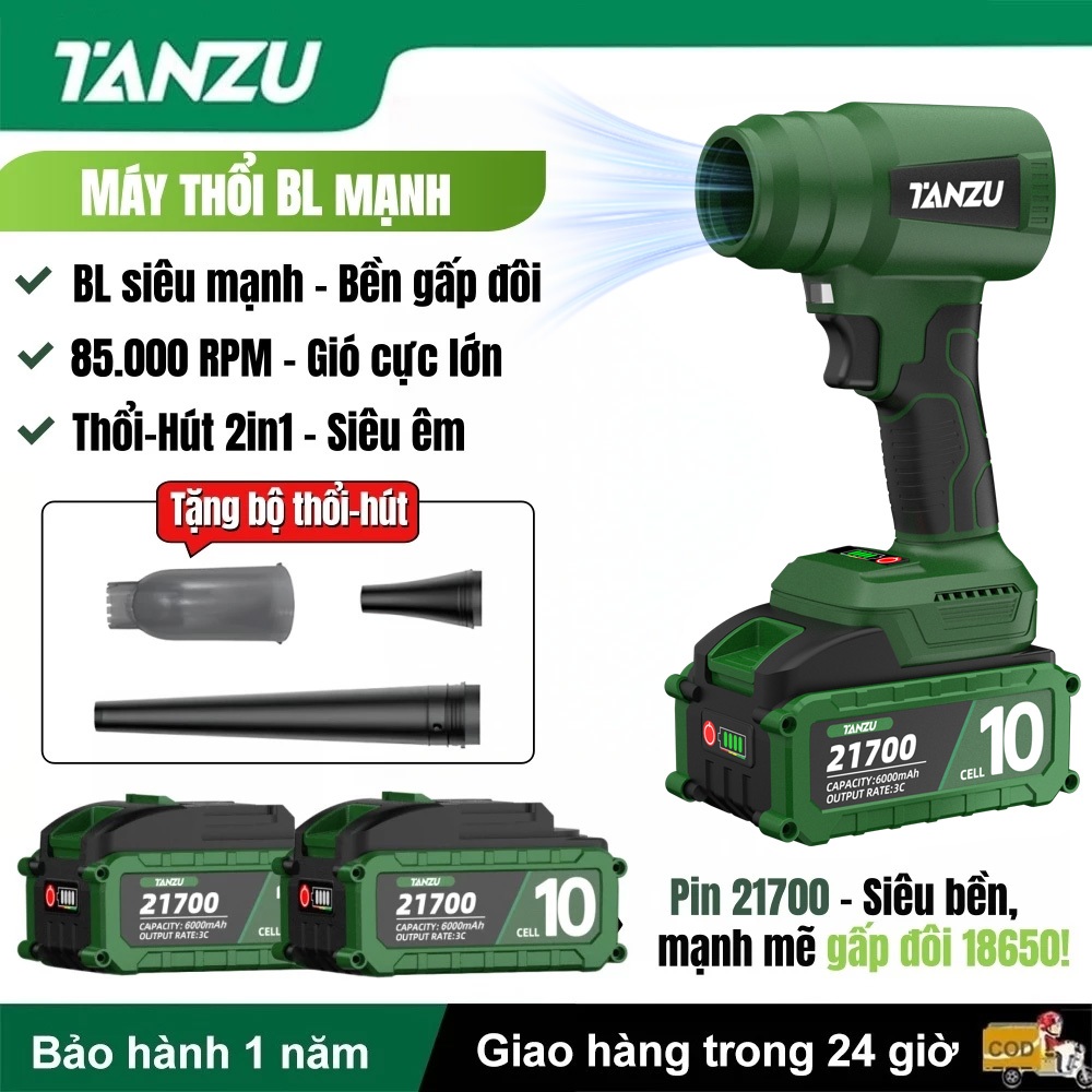 TANZU Máy thổi bụi không dây 2in1 Thổi Hút | BL Motor | Pin 21700 | Turbo mạnh