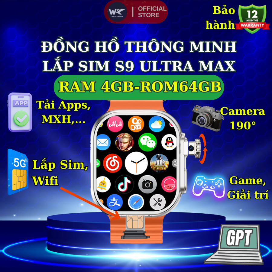Đồng Hồ Thông Minh Nghe Gọi S9 Ultra Max 5G, Bản Cao Cấp S9, Ram Khủng Rom Lớn, Đầy Đủ Tính Năng,