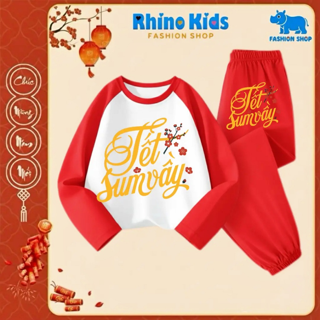 DT310 - Bộ quần cotton Chúc Mừng Năm Mới 2026 cho bé trai bé gái RHINO KIDS, mềm mịn, co giãn