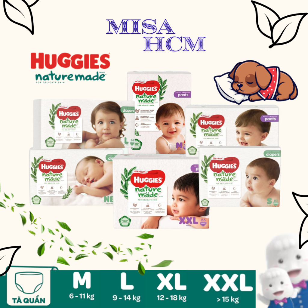 Tã dán/quần Huggies NatureMade size NB60/S82/M64/L54/XL44/M58/L44/XL38/2XL24