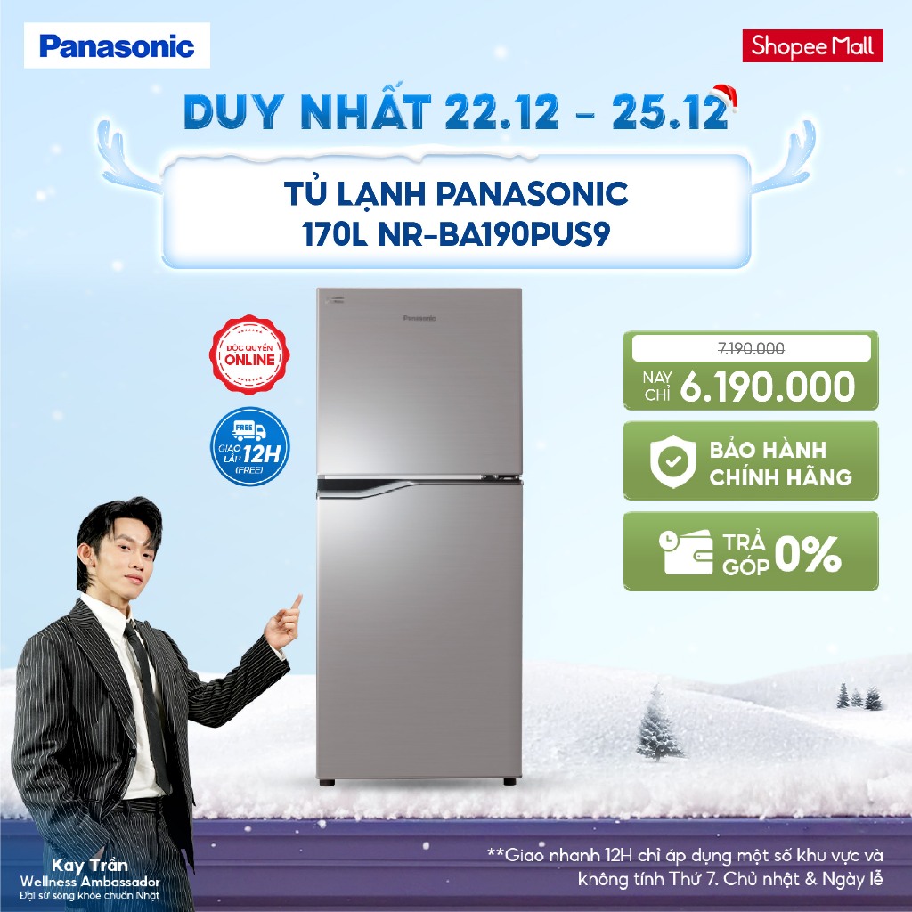 [ELPN1T5P GIẢM TỐI ĐA 1TR5] [Sẵn hàng miền Bắc] Tủ lạnh Panasonic Inverter 170 lít Ngăn đá trên NR-BA190PUS9