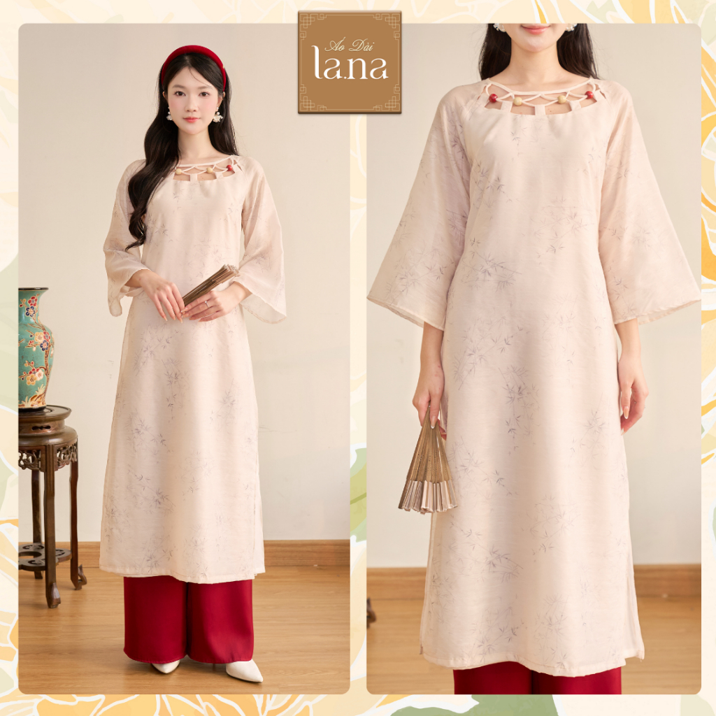 Áo dài cách tân Trúc Hồng tơ vân họa tiết cây trúc phối lụa ngọc trai, cổ cách điệu đính hạt gỗ – SD