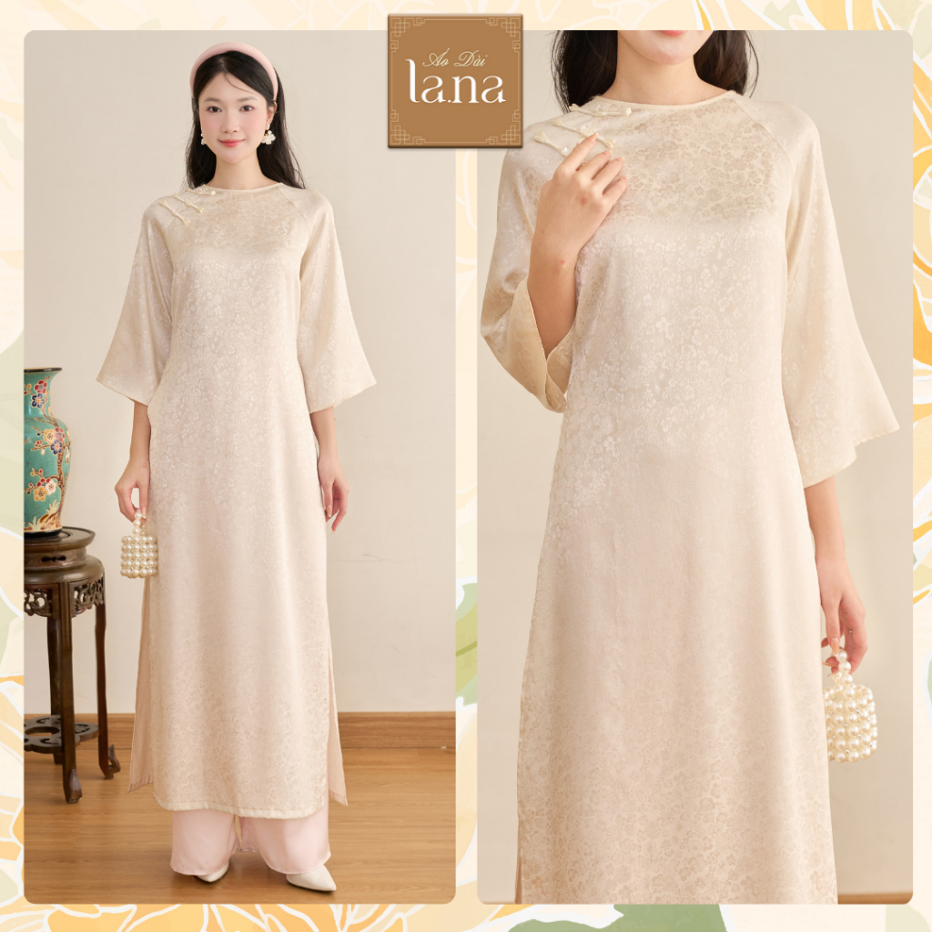 Áo dài thiết kế NHƯ YÊN màu be họa tiết gấm hoa phối khuy ngọc tinh tế chất liệu lụa cao cấp – SD003
