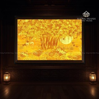  Tranh trúc chỉ in Cây Bồ Đề có đèn hào quang treo phòng thờ trang trí bàn thờ gia tiên 