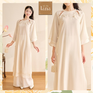  Áo dài cách tân tơ gương phối lụa Chi Ngọc cut-out vai phá cách đính hoa 3D cúc ngọc tinh xảo – SD256 LANA DESIGN 
