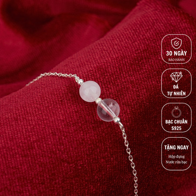 Vòng Tay Bạc Nữ Mix 2 Viên Đá Rose Quartz và Charm Bi Mini Tinh Tế LT05