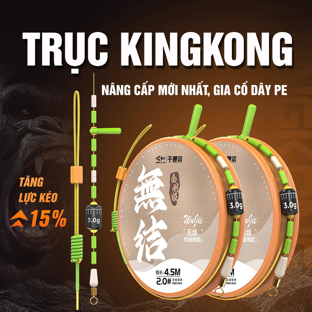 COMBO 3 Trục Câu Đài KingKong Dây Câu Cá Buộc Sẵn QuanLiLai Bản Nâng Cấp Gia Cố Dây PE Size 3m6 Đến 