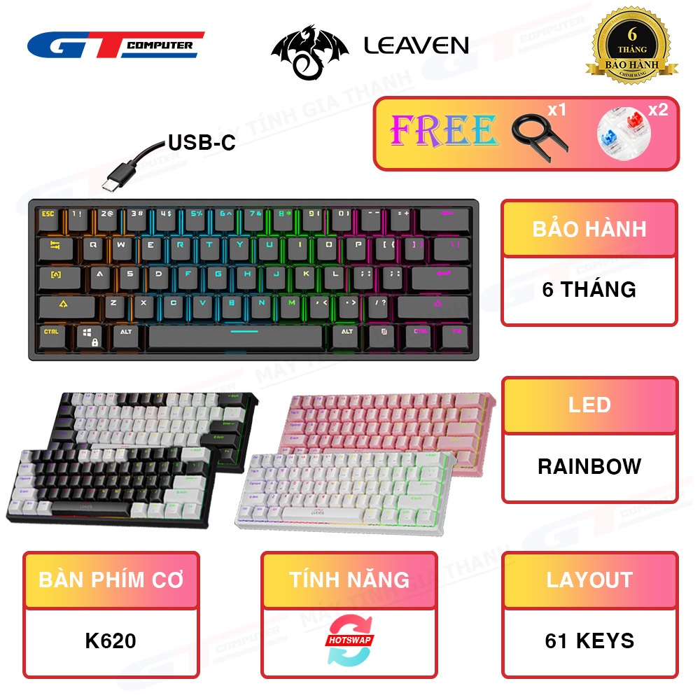 Bàn Phím Cơ K620 LEAVEN Gaming Blue Switch | Red Switch 61 Keys (HOT SWAP) Type-C LED Rainbow New BH