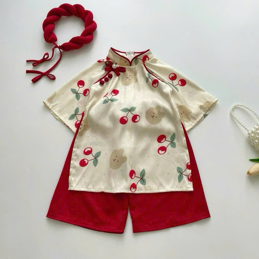 B08- Set Áo Dài Cherry Đỏ Kèm Mấn
