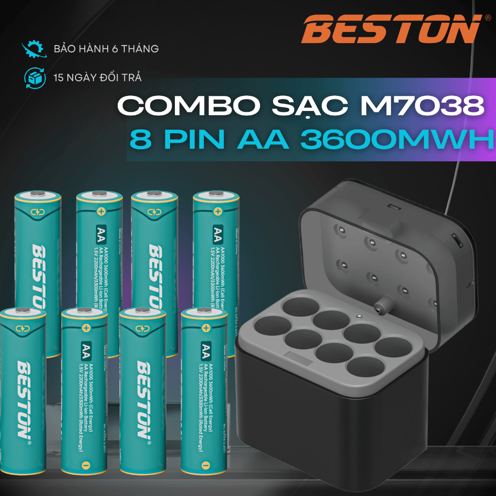 Bộ Sạc Beston M7038 sạc được cho cả pin 1.2V và 1.5V, cổng sạc type C tiện lợi, có đèn báo sạc