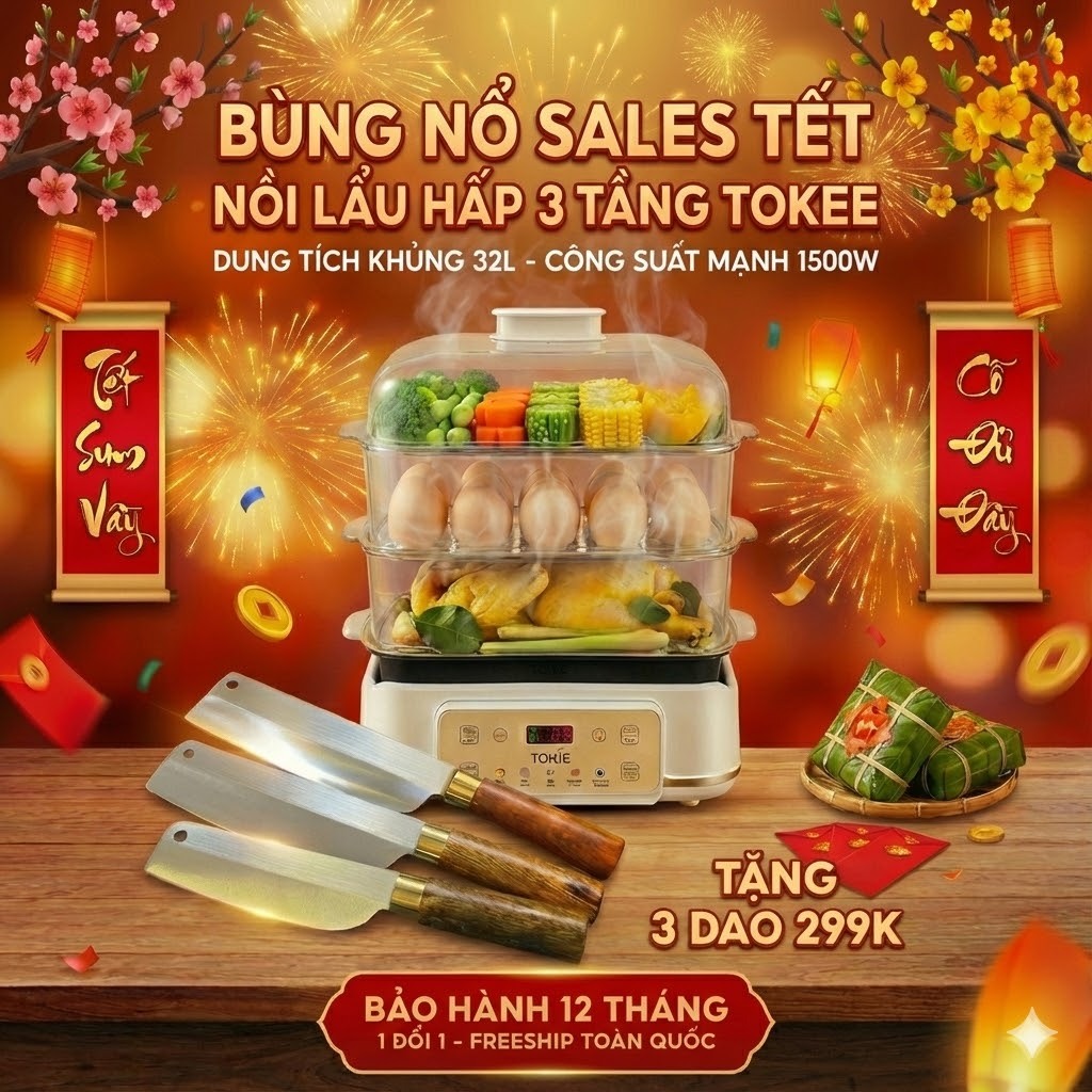 Nồi Lẩu Hấp  Đa Năng  3 Tầng Tokee 32L Cho Bếp Hiện Đại  Inox 304, Chống Dính, Đa Công Năng Bảo Hành 1 Năm 1 Đổi 1