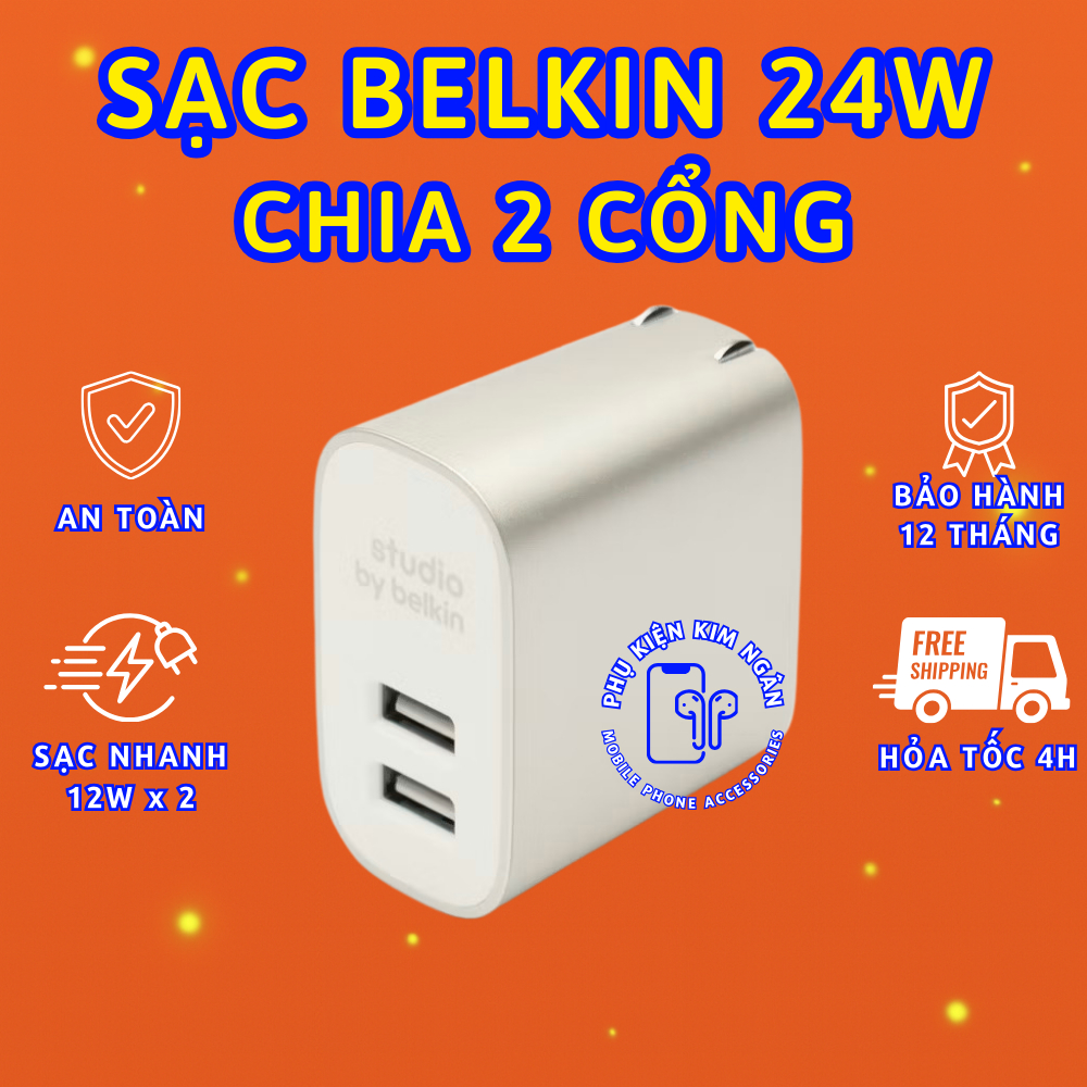 Bộ củ sạc nhanh Belkin 24W có 2 cổng sạc - Chính hãng - Bảo hành 06 tháng