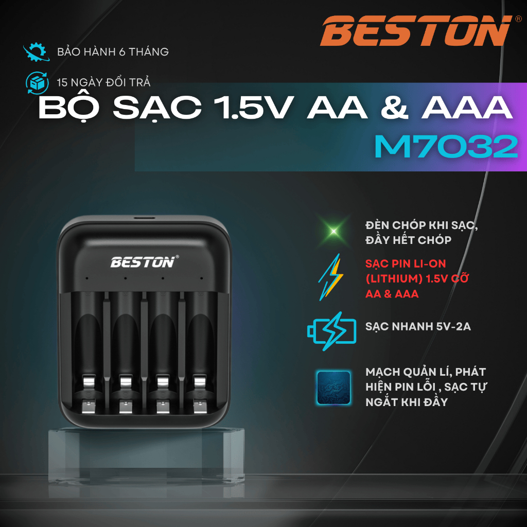 Bộ Sạc 1.5V  Beston Pin AA & AAA Beston M7032 Lithium Li-on 1.5V 4 Slot, pin AA 1.5V ,pin AAA 1.5V