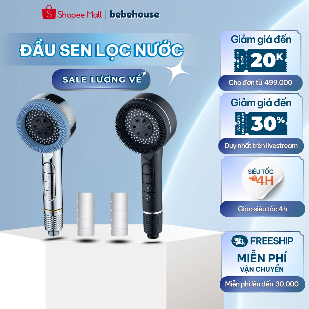 Đầu Lọc Vòi Sen 4 Chế Độ Nước, Lõi Lọc Kèm Hạt Canxi Lọc Sạch Clo, Cặn Bẩn HT042 BEBEHOUSE