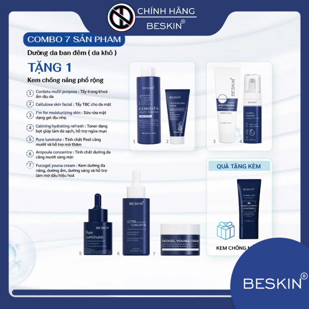 COMBO: 7 SẢN PHẨM DƯỠNG DA BAN ĐÊM (Mua Combo Tặng 1 Kem Chống Nắng Xanh) - Thương Hiệu Beskin